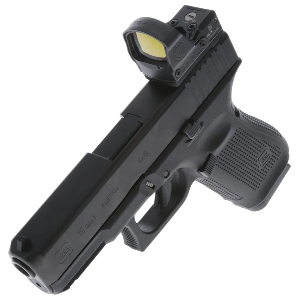 primary-41632 Truglo MNT SLD OPTIC GLOCK DPP/SHIELD black pistol shown at an angle with mounted reflex sight