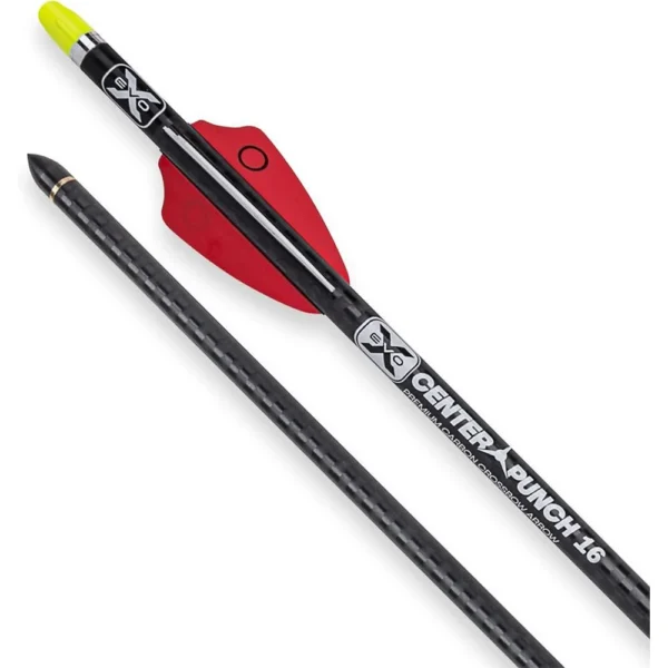 Tenpoint EVO-X CenterPunch 16 Carbon Arrows, two black arrows with red vanes and yellow nock