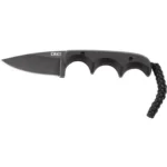 CRKT Minimalist Black Fixed Knife, black side view with drop-point blade and cord lanyard