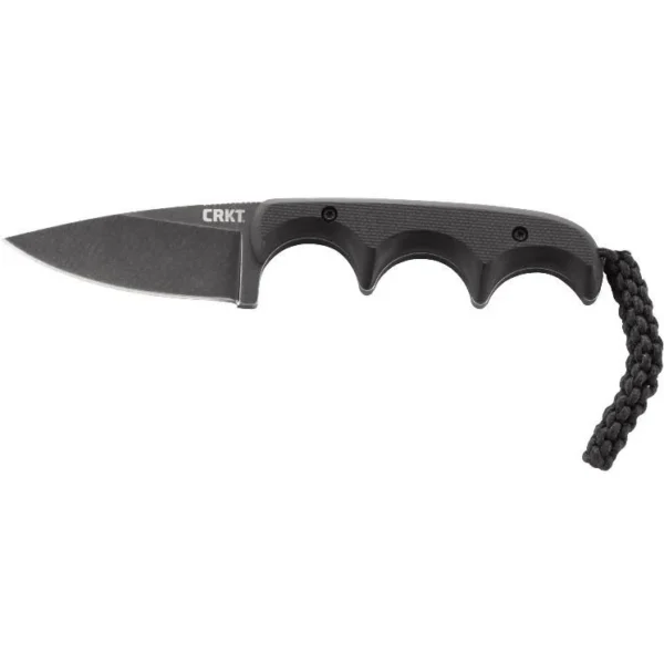 CRKT Minimalist Black Fixed Knife, black side view with drop-point blade and cord lanyard