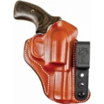 DeSantis #113 Flex-Tuk Holster in tan leather, front view with belt clip and revolver grip
