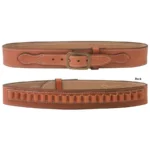DeSantis Desperado gun belt, tan front and back views with buckle, stitching and cartridge loops