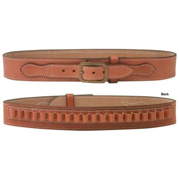 DeSantis Desperado gun belt, tan front and back views with buckle, stitching and cartridge loops