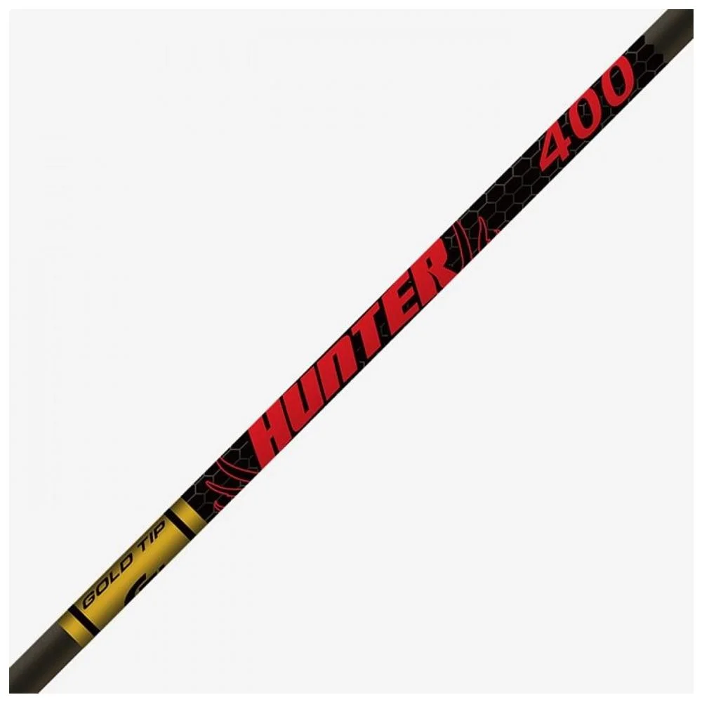 primary-41717 Gold Tip Hunter 500 arrows, close-up of black shaft with red branding and yellow section