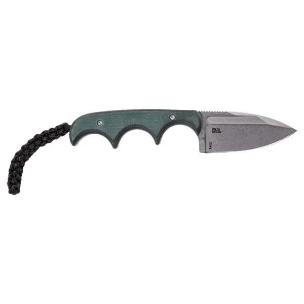 CRKT Minimalist Spear Point Fixed Knife, right side with silver blade, green handle and black cord