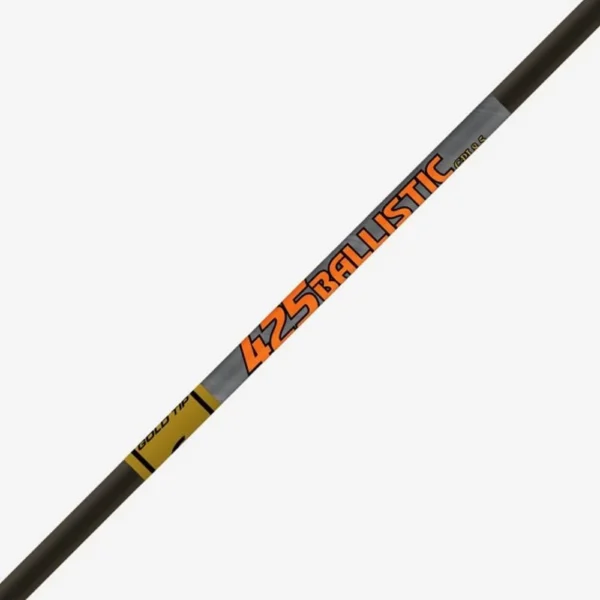 Gold Tip Ballistic crossbow bolt, black shaft with orange and gold graphics