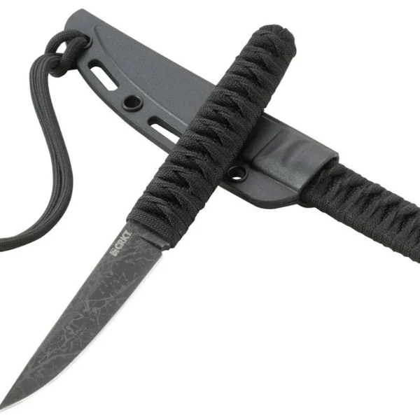 CRKT Burnley Obake Knife, dark fixed blade with wrapped handle, sheath and cord