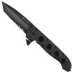 CRKT M16-14ZLEK Tanto Flipper Knife, open side view with black serrated blade and perforated handle