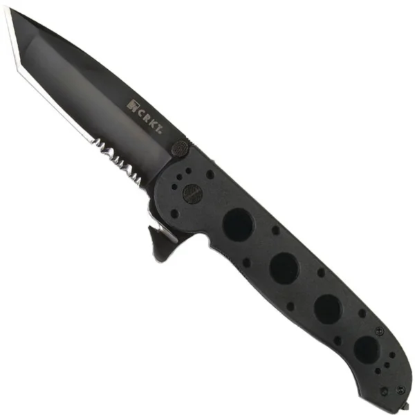 CRKT M16-14ZLEK Tanto Flipper Knife, open side view with black serrated blade and perforated handle