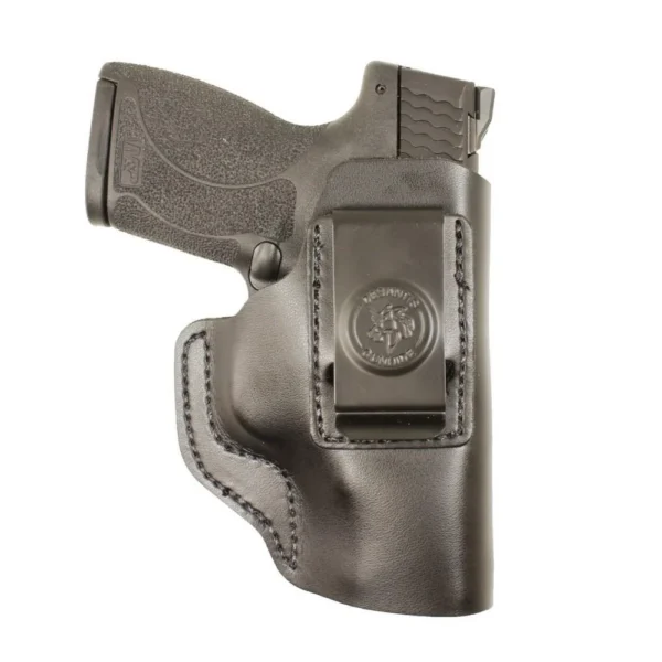 DeSantis #031 The Insider Holster, black left-hand holster with belt clip and pistol visible