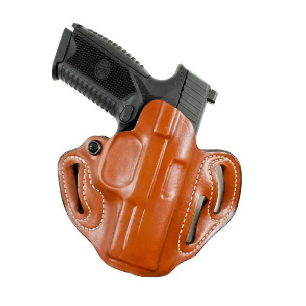 DeSantis #002 Speed Scabbard OWB Holster, tan leather front view with black handgun