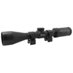 BSA Optix Rifle Scope, right-side view in matte black with lens hood, adjustment knobs and rings