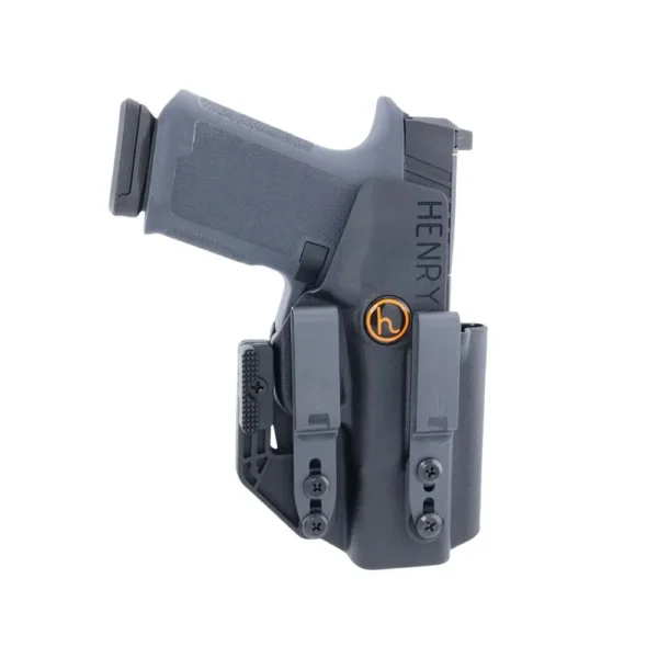 Henry Holsters Cipher black holster, front view with Ruger handgun, dual clips and orange logo