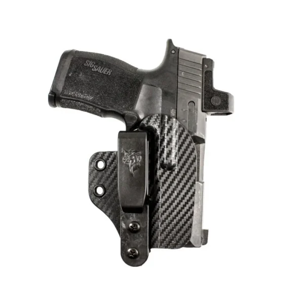 Desantis Lifeguard IWB Holster, black right-side view with belt clip and carbon-fiber pattern