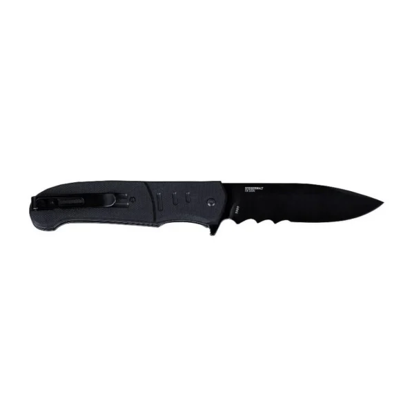 CRKT Ignitor Assisted Folding Knife, open right-side view with black drop-point serrated blade