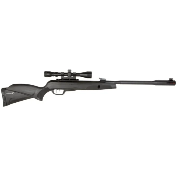 Gamo Whisper Fusion Mach 1 airgun rifle, left side view with black stock and mounted scope