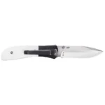 CRKT M4-02M folding knife, open side view with white handle and silver drop-point blade