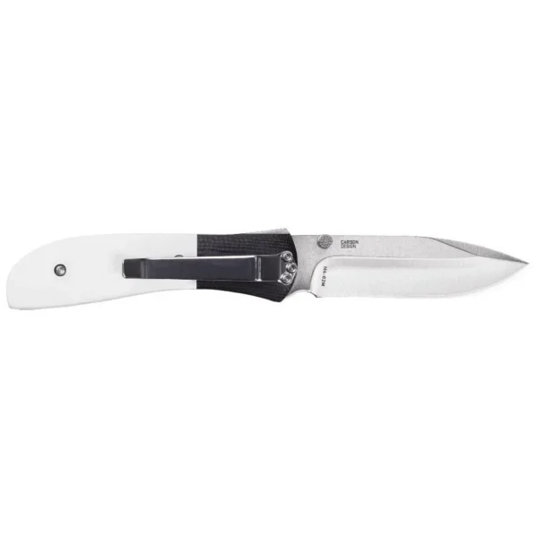 CRKT M4-02M folding knife, open side view with white handle and silver drop-point blade