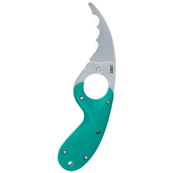 CRKT Bear Claw Fixed Knife, side view with green handle, finger ring and silver hawkbill blade