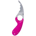 CRKT Bear Claw, front view with curved silver blade, serrated spine and bright pink handle