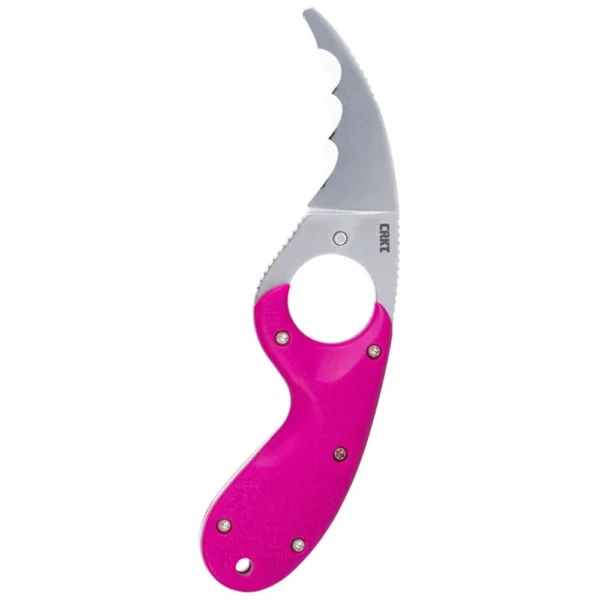 CRKT Bear Claw, front view with curved silver blade, serrated spine and bright pink handle