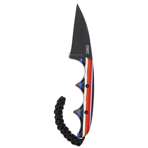 CRKT Minimalist fixed knife, black Wharncliffe blade and striped handle with black cord