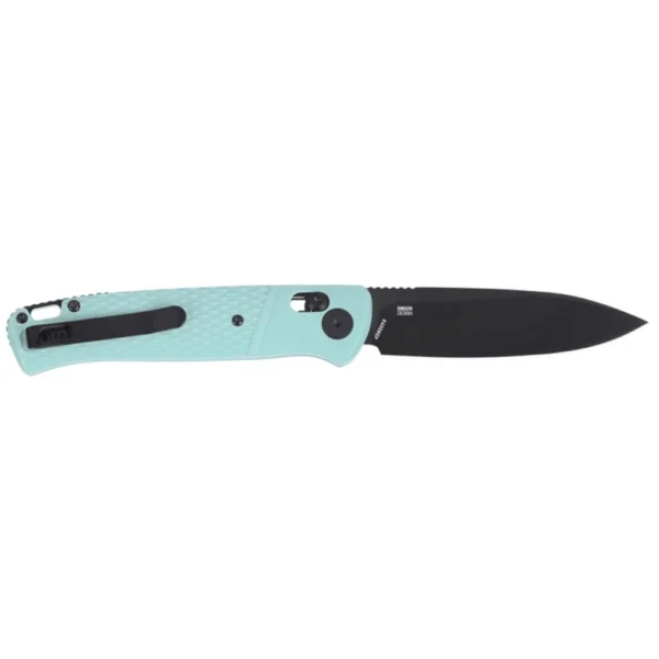 CRKT Counterpart, open folding knife with aqua handle and black drop-point blade, side view