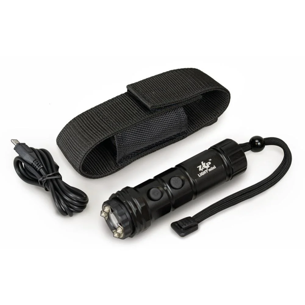 primary-41796 Personal Security Products Zap Light Mini, black flashlight-style device, case and charging cord