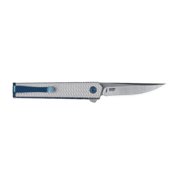 CRKT CEO Microflipper folding knife, right-side view with silver blade and blue-accented handle