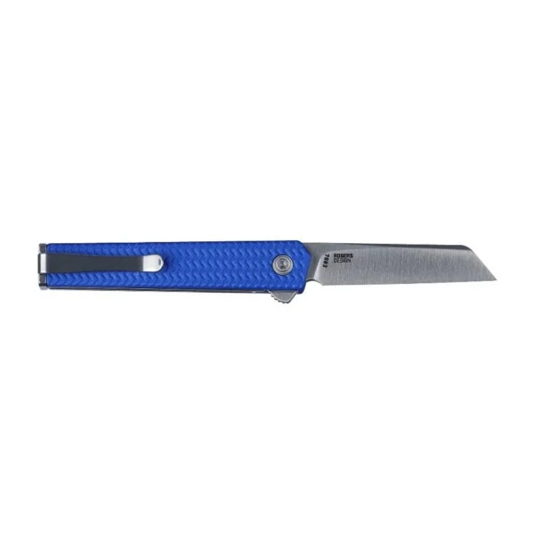 CRKT CEO Microflipper folding knife, open side view with blue handle and silver sheepsfoot blade