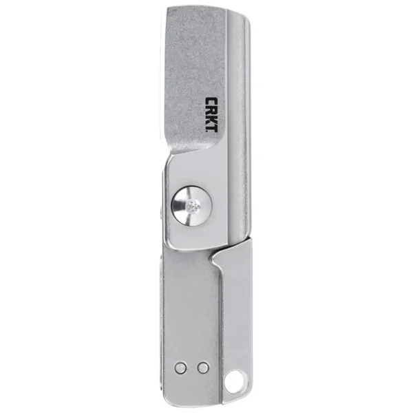 CRKT Box Key EDC Folding Pocket Knife, silver top view with blade open and round pivot