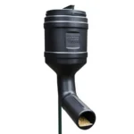 On Time 80 lb Capacity T-Post Gravity Feeder black feeder, angled view with dispensing chute