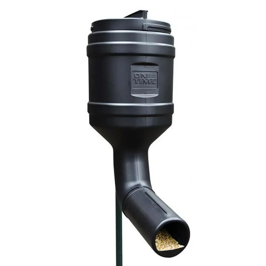primary-41827 On Time 80 lb Capacity T-Post Gravity Feeder black feeder, angled view with dispensing chute