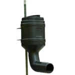 On Time Wildlife Mossy Oak Gamekeeper feeder, green front view with T-post and outlet