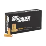 Sig Elite Performance Handgun Ammunition, black box with two brass cartridges in front
