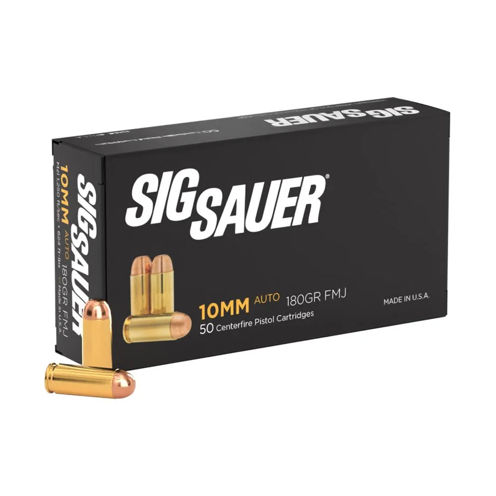 primary-41832 Sig Elite Performance Handgun Ammunition, black box with two brass cartridges in front