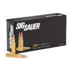 Sig Sauer Elite Ball black ammunition box with three rifle cartridges, front view