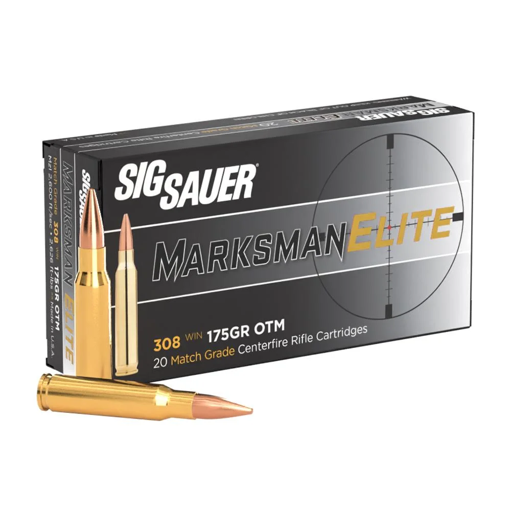 primary-41837 Sig Sauer Elite Match rifle ammunition, black box with two brass cartridges in front