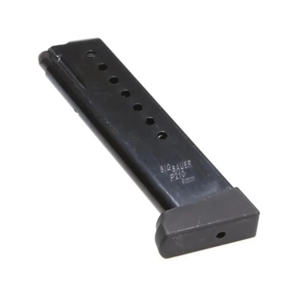 Sig Sauer P210 Target Magazine, black angled view with witness holes and flat baseplate
