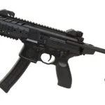 Sig Sauer Airsoft Sig1 MPX Airgun Rifle, black right-side view with orange muzzle and curved magazine