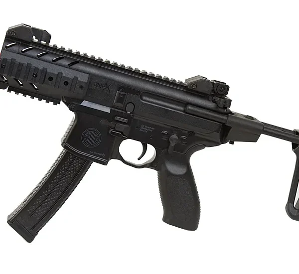 Sig Sauer Airsoft Sig1 MPX Airgun Rifle, black right-side view with orange muzzle and curved magazine