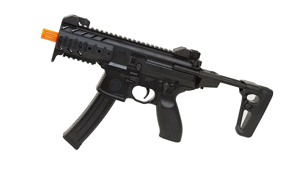 primary-41860 Sig Sauer Airsoft Sig1 MPX Airgun Rifle, black right-side view with orange muzzle and curved magazine