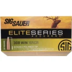 Sig Sauer Elite Accubond Hunting Ammunition, tan and black box with elk graphic, front view