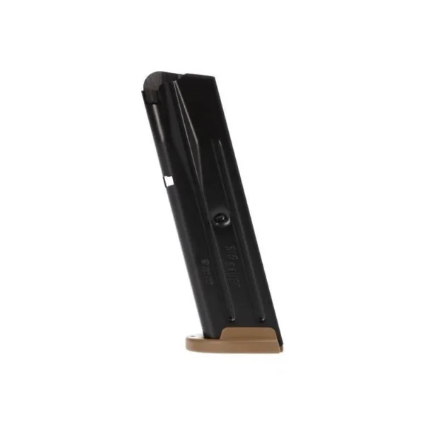 Sig Sauer P320 Full Size coyote handgun magazine, angled side view with black body and tan base