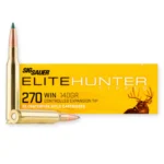 Sig Sauer Elite Tipped Hunting Rifle Ammunition, yellow box with three brass cartridges