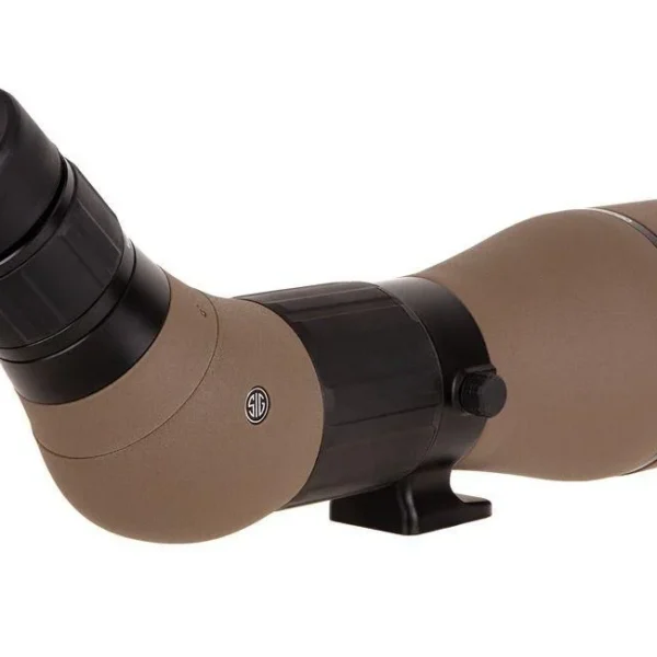 Sig Sauer Oscar8 spotting scope in FDE, angled side view with black eyepiece and mounting foot