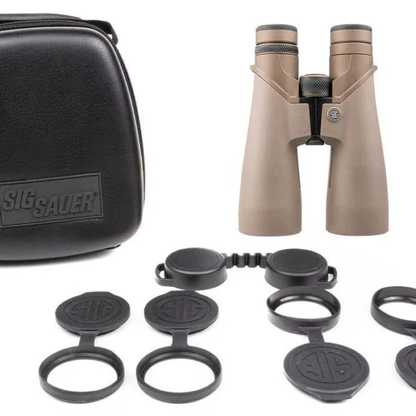 Sig Sauer ZULU10 HDX Binocular, flat dark earth front view with black case and lens caps