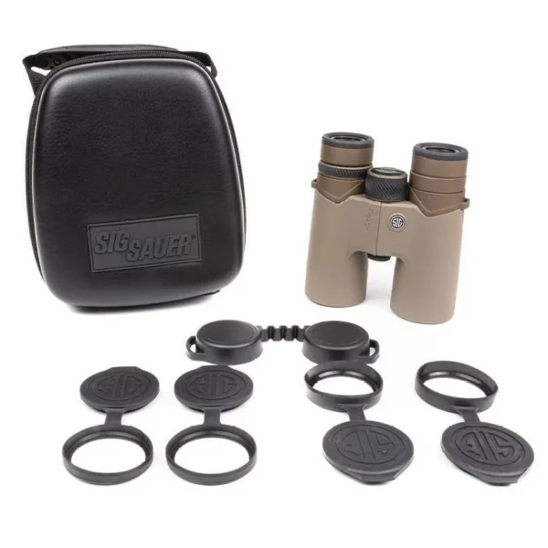 Sig Sauer ZULU8 HDX tan binocular, front view with black case, caps, rings and strap accessories