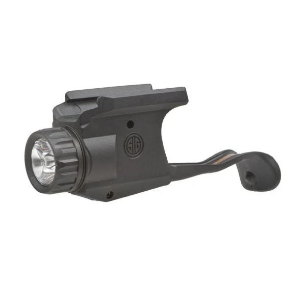Sig Sauer Foxtrot365XR black weapon light, angled side view with round lens and paddle switch
