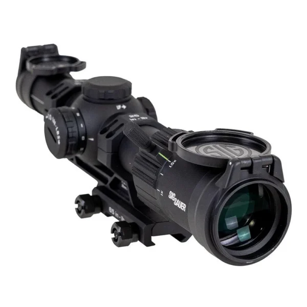 Sig Sauer Tango-MSR Rifle Scope, black angled front view with mount and adjustment turrets